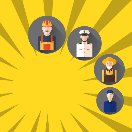 Empty poster of Happy Labor Day with different professions on the yellow background with rays.の写真素材