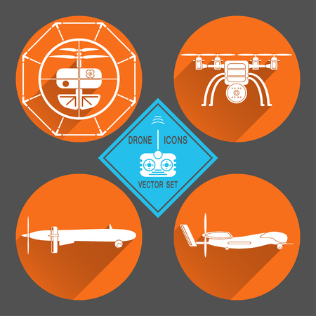 set of isolated icon of drone silhouette with shadow on the dark gray background.のイラスト素材