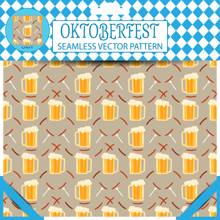 Seamless pattern with mug of beer of Oktoberfest on the brown background in the package.のイラスト素材