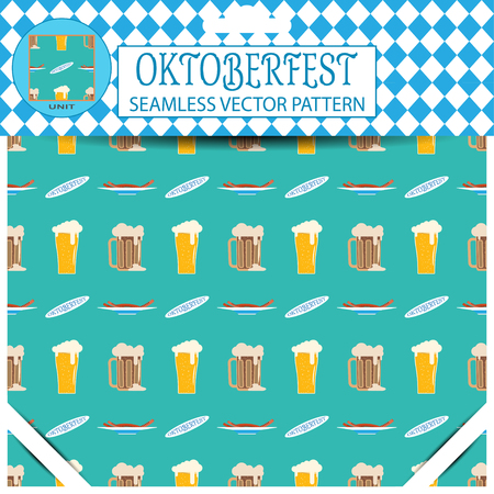 Seamless pattern of Oktoberfest with goblet, mug of beer and plate with sausages on the turquoise background in the package.のイラスト素材