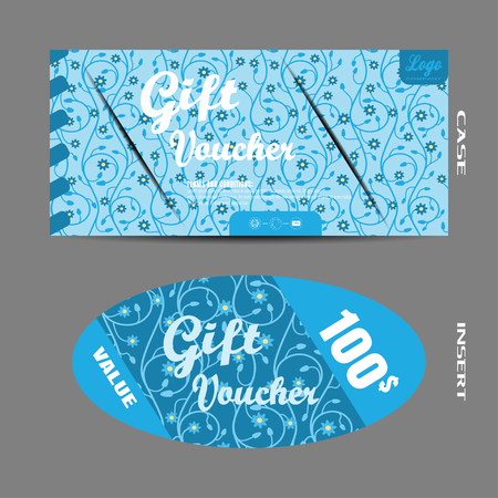 image of blank voucher with insert on the light blue background with floral pattern.のイラスト素材