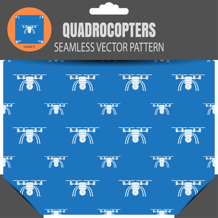 Package of seamless pattern of quadrocopters on the saturated blue background with pattern unit in the top.のイラスト素材