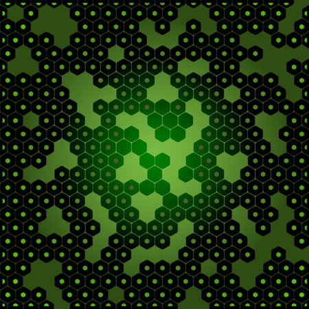 abstract dark green background with hexagon shapes and holes.