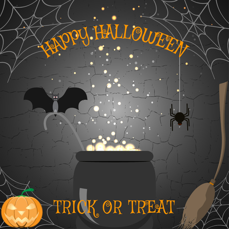 illustration of Halloween poster with broom, magic cauldron, spider, bat, pumpkin on the cracked background.のイラスト素材