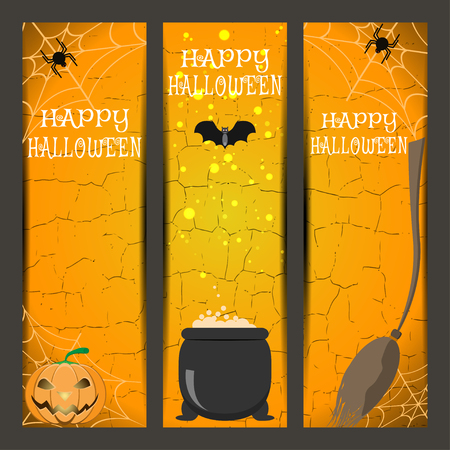 set of Halloween bookmarks with broom, witch boiler, pumpkin, spider, bat on the gradient orange background.のイラスト素材