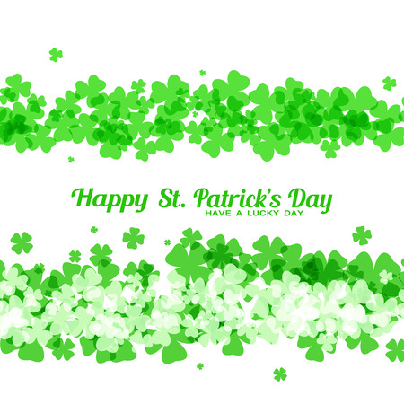 abstract light background to Happy St. Patrick's Day with two lines of leaves of clover and text.のイラスト素材