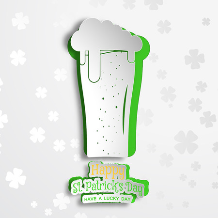 Vector greeting card for Happy Saint Patrick's Day with cut from paper shapes of goblet of beer, shadows and text on the gradient gray backdrop.のイラスト素材