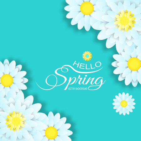 Vector illustration of Hello Spring on the turquoise background with light blue flowers and text.のイラスト素材