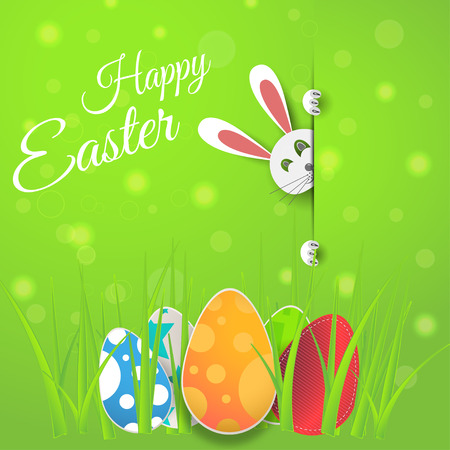 Vector poster of Happy Easter on the gradient green background with bunny, egg, radiance and text cut from paper.のイラスト素材
