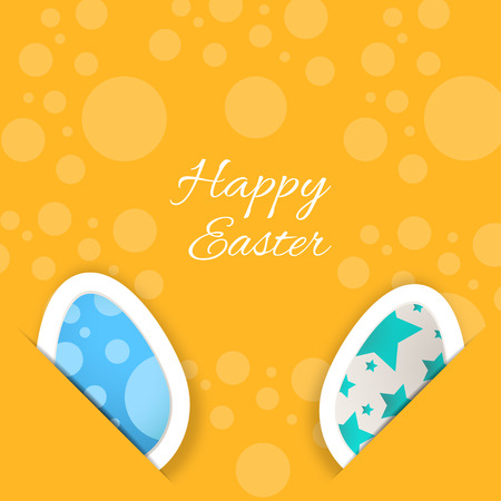 Vector poster of Happy Easter on the yellow background with eggs put in the pockets, pattern from circles and text cut from paper.のイラスト素材