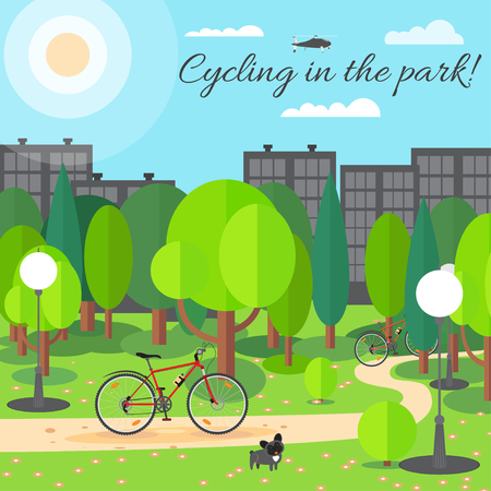 Vector poster of summer cycling in the city park with dog.のイラスト素材