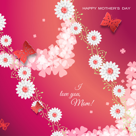 Happy Mother's Day vector poster on the gradient red background with curly branches of flowers, butterflies, text, leaf silhouettes, flowers.のイラスト素材