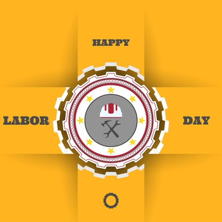 Happy Labor Day vector poster with paper label of gear, shadows on the yellow background with cut paper shapes.のイラスト素材