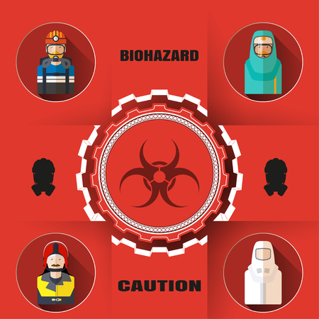 Vector poster of biohazard warning and rescue with paper label, mask silhouettes, avatars of different rescue professions and text on the red background and shadow.のイラスト素材