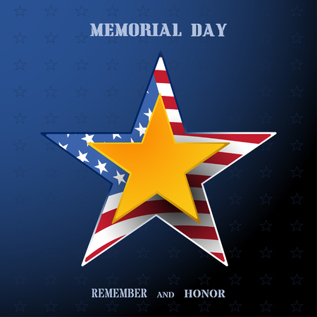Vector poster of Memorial Day with gold star, shadow and text on the dark blue gradient background with usa flag.のイラスト素材