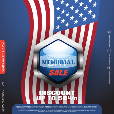 Memorial Day Sale vector poster with blue metal label and shadow on the dark blue gradient background with american flag, text and contacts.のイラスト素材