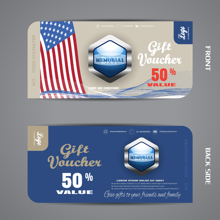 Vector set of gift voucher for Memorial Day with metal medal on the brown and dark blue background with flag and waves.のイラスト素材