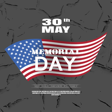 Vector greeting card to Memorial Day with white text and shadow on the dark brown background with american flag and pattern of cracked paint.のイラスト素材