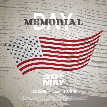 Vector poster for Memorial Day with white text and shadow on the brown background with silhouette of american flag and wood pattern.のイラスト素材