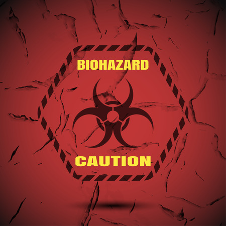 Biohazard - vector poster with label, yellow text and shadow on the gradient red background with pattern of cracked paint.のイラスト素材