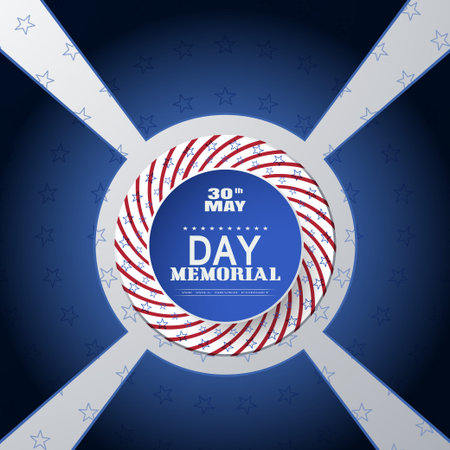 Memorial Day vector poster with blue paper label and transparent shapes on the gradient gray background with stars.のイラスト素材