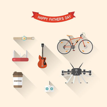 Vector set of flat icons of drone ans remote control, red knife and guitar, wristwatch, coffee cup, bicycle for Father's Day holiday.のイラスト素材