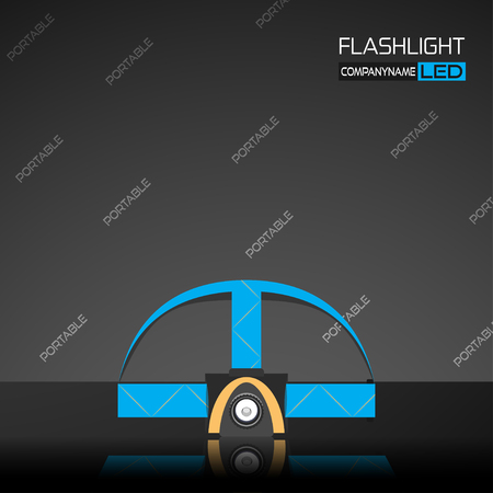 Vector promotion poster of gray head torch with blue straps and reflection on the dark gray background with a pattern of words.のイラスト素材