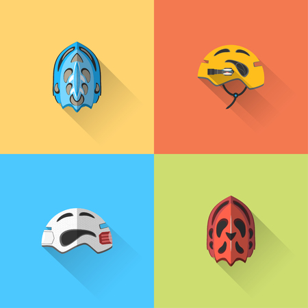 Vector set of flat bicycle helmets with long shadow on the color background.のイラスト素材