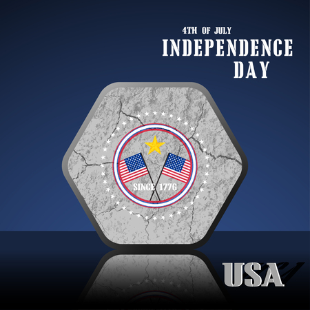 Vector poster of Independence Day with flat hexagon label with texture of cracked ground and reflection on the dark blue background.のイラスト素材