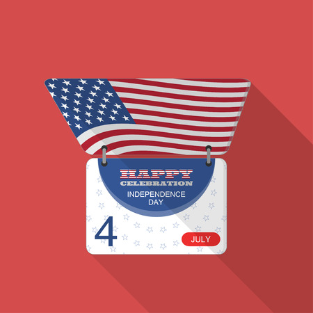 Vector flat icon of Independence Day calendar with label, date, american flag on the red background with shadow.のイラスト素材