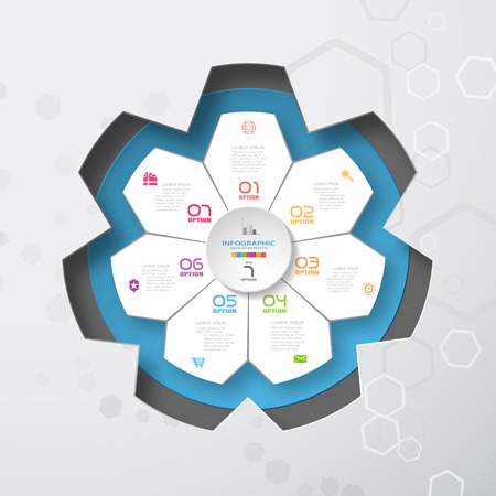 Vector infographic of round blue form and white with 7 rays shape cut from paper placed to the star-shaped neckline with shadows on the gradient background with hexagons.のイラスト素材