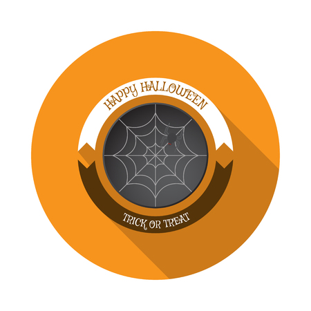 Vector isolated icon of net with spider on the dark gray round form cut from paper with white and brown stripes and shadow.のイラスト素材