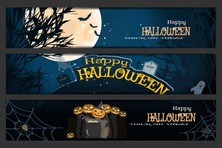 Vector set of Halloween bookmarks with silhouettes of trees, full moon, bats, headstones, grave crosses, ghosts, group of wizards, magic cauldron, spider net on the gradient dark blue background.のイラスト素材