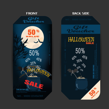 Vector blank of gift voucher to Halloween sale on the gradient blue background with magic cauldron.のイラスト素材