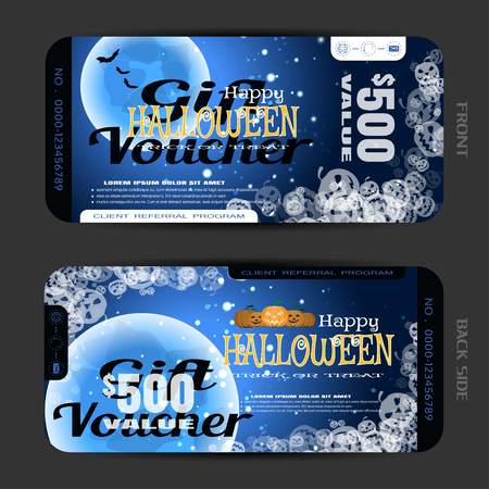 Vector blank of gift voucher to Halloween with groups of full blue moon, flock of bats, transparent pumpkins, text, sparkles on the gradient dark brown background.のイラスト素材