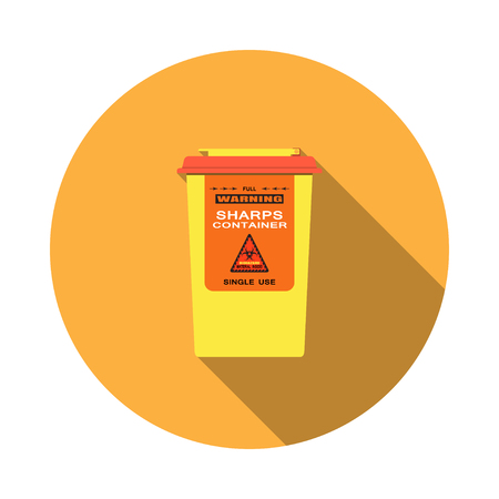 Vector isolated icon of sharps container with hinged lid, sticker and biohazard sign on the orange background.のイラスト素材