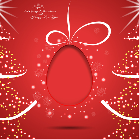 Vector poster with Christmas trees and silhouette of egg with stripe and shadow cut from paper on the red gradient background.のイラスト素材