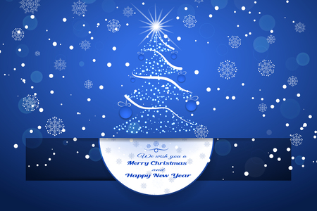 Vector wide poster with round insert cut from paper hanging from cutout with shadow on the gradient red background with snowfall and Christmas tree.のイラスト素材