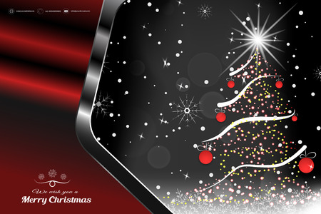Vector Merry Christmas poster in the metal gray frame with Christmas tree, red balls, radiance and snowfall.のイラスト素材