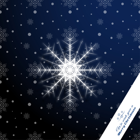Greeting poster for Merry Christmas holiday with white vector snowflake, shadow, snowfall on the gradient dark blue background.のイラスト素材