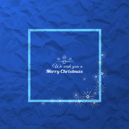 Vector poster to Merry Christmas with square frame with snowflakes on the gradient blue background with a pattern of crumpled paper.のイラスト素材