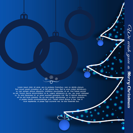 Vector poster to Merry Christmas with silhouette of Christmas tree, balls, text on the gradient blue background.のイラスト素材
