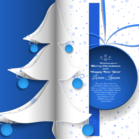 Paper vector art for Merry Christmas and Happy New Year holidays with cutouts in the form a white Christmas tree and blue ball insert in the pocket on the blue backdrop.のイラスト素材