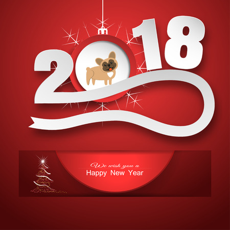 Vector poster for Happy New Year with round red insert and numbers with ball and dog cut from paper hanging from cutout with shadow on the gradient red background.のイラスト素材