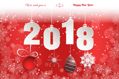 Vector wide poster for New Year with hanging gray numbers, balls and snowflakes on the gradient red background with snowflall.のイラスト素材