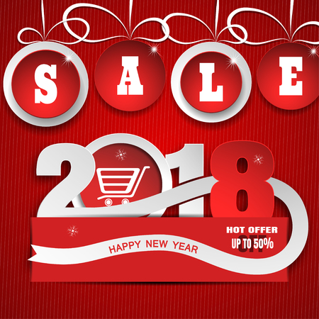 Vector paper art for Happy New Year Sale with hanging christmas ball, numbers, round label with cart, stripe on the red gradient background.のイラスト素材