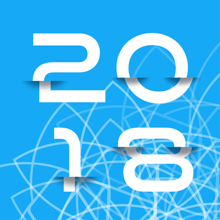 Vector 2018 poster with glitch white numbers on the blue background with abstract geometric pattern.のイラスト素材