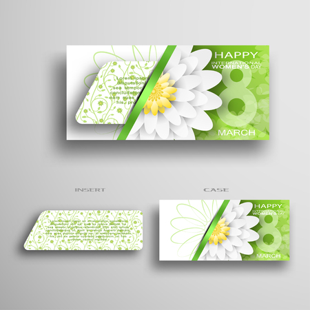 Vector set of greeting envelope and insert with green floral pattern for 8 of March - International Women's Day with white flower and stripe on the gray background.のイラスト素材