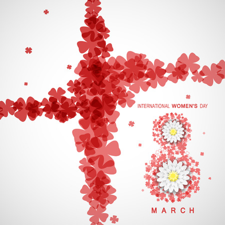 Vector 8 of March - International Women's Day poster on the gradient gray background with text and red clover leaves and number eight with flowers.のイラスト素材