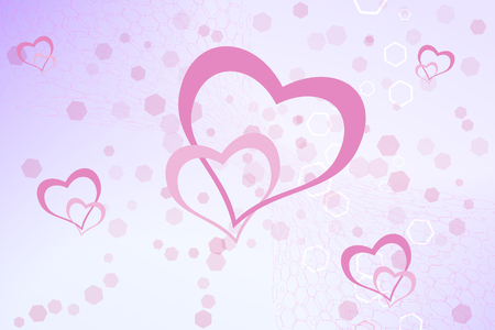 Lilac wide background with hexagon pattern and heart objects for holidays and packaging.の写真素材
